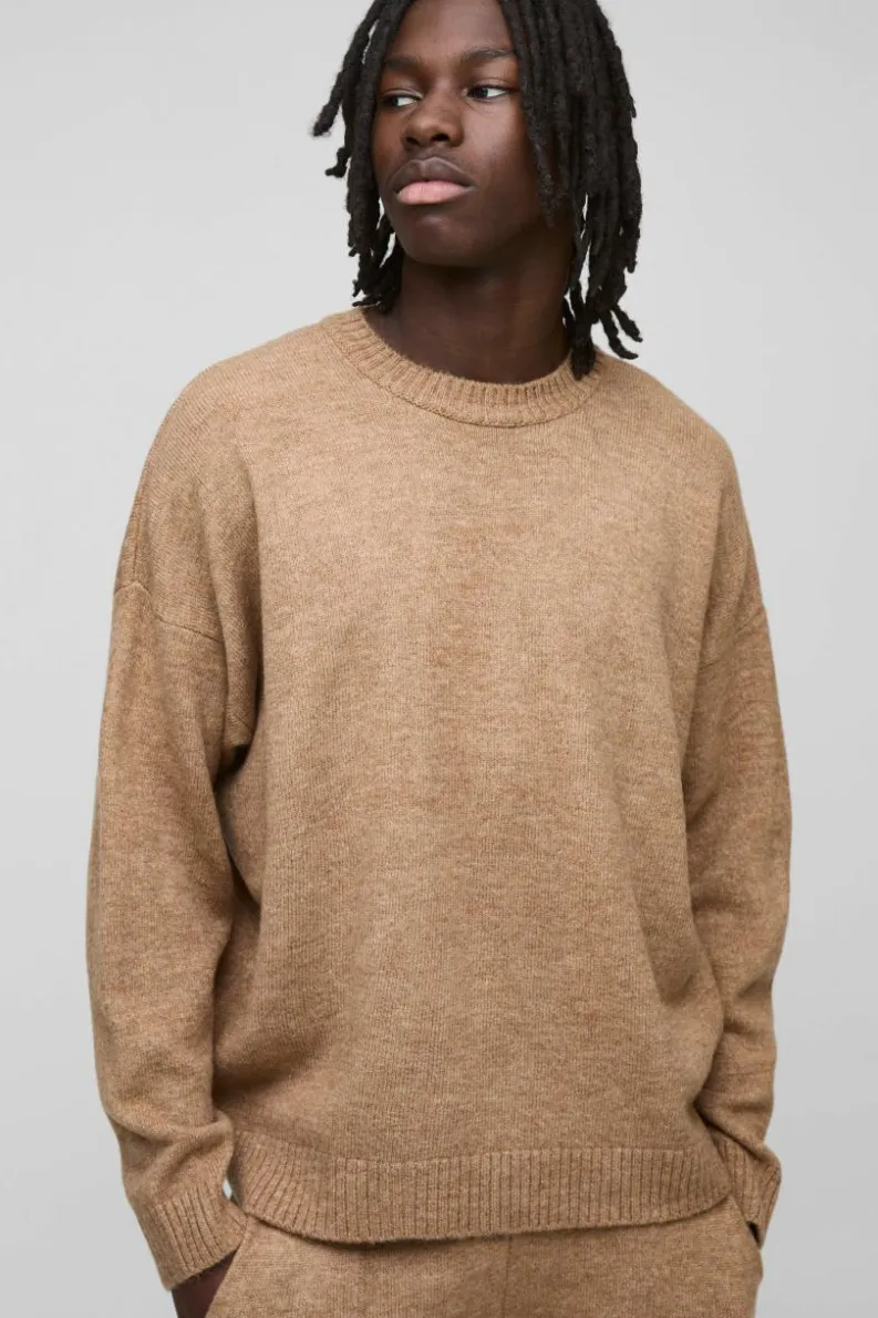 Flash Sale boohooMAN Oversized Boxy Extended Neck Brushed Knit Jumper brown