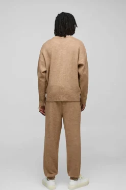 Flash Sale boohooMAN Oversized Boxy Extended Neck Brushed Knit Jumper brown