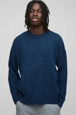 Store boohooMAN Oversized Boxy Extended Neck Brushed Knit Jumper navy