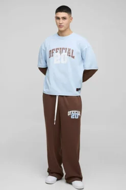 Clearance boohooMAN Oversized Boxy Faux Layer Varsity Print T-Shirt Wide Leg Jogger Set brown