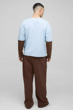 Clearance boohooMAN Oversized Boxy Faux Layer Varsity Print T-Shirt Wide Leg Jogger Set brown