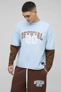 Clearance boohooMAN Oversized Boxy Faux Layer Varsity Print T-Shirt Wide Leg Jogger Set brown