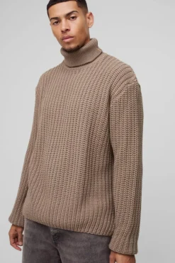 Best boohooMAN Oversized Boxy Fishman Ribbed Roll Neck Knitted Jumper stone