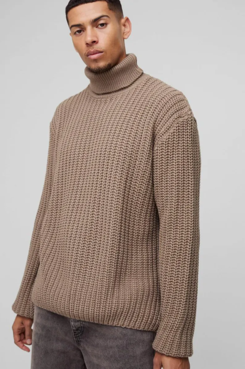 Best boohooMAN Oversized Boxy Fishman Ribbed Roll Neck Knitted Jumper stone