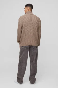 Best boohooMAN Oversized Boxy Fishman Ribbed Roll Neck Knitted Jumper stone