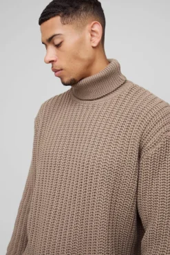 Best boohooMAN Oversized Boxy Fishman Ribbed Roll Neck Knitted Jumper stone