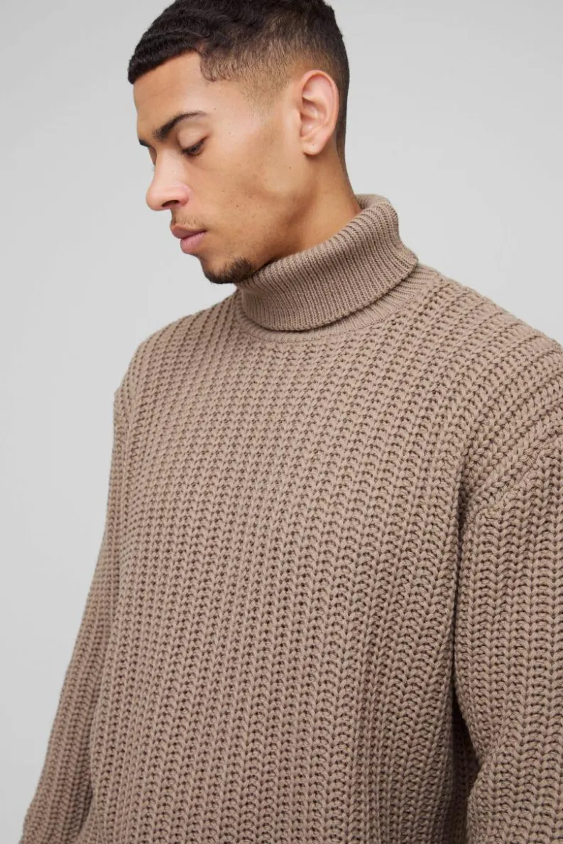 Best boohooMAN Oversized Boxy Fishman Ribbed Roll Neck Knitted Jumper stone