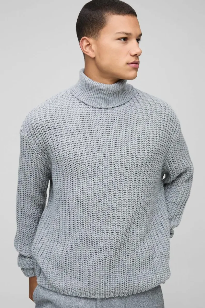 Store boohooMAN Oversized Boxy Fishman Ribbed Roll Neck Knitted Jumper grey
