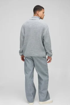 Store boohooMAN Oversized Boxy Fishman Ribbed Roll Neck Knitted Jumper grey