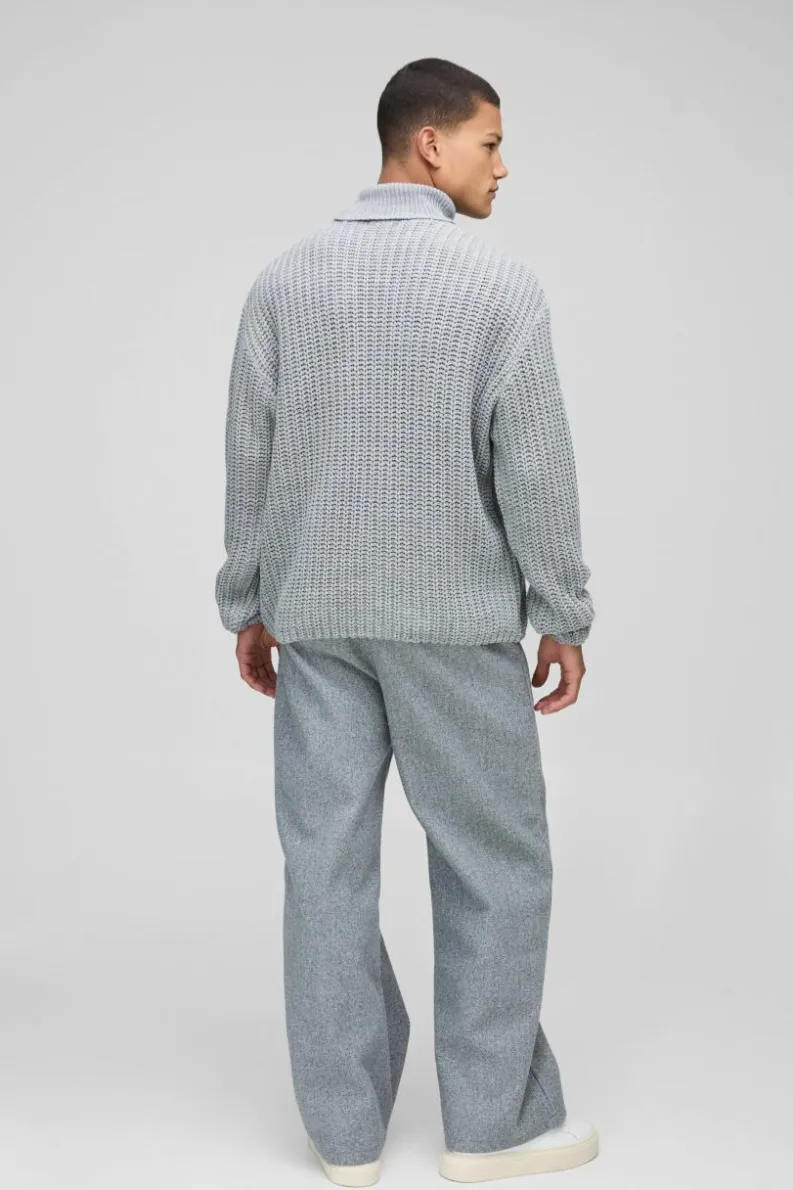 Store boohooMAN Oversized Boxy Fishman Ribbed Roll Neck Knitted Jumper grey