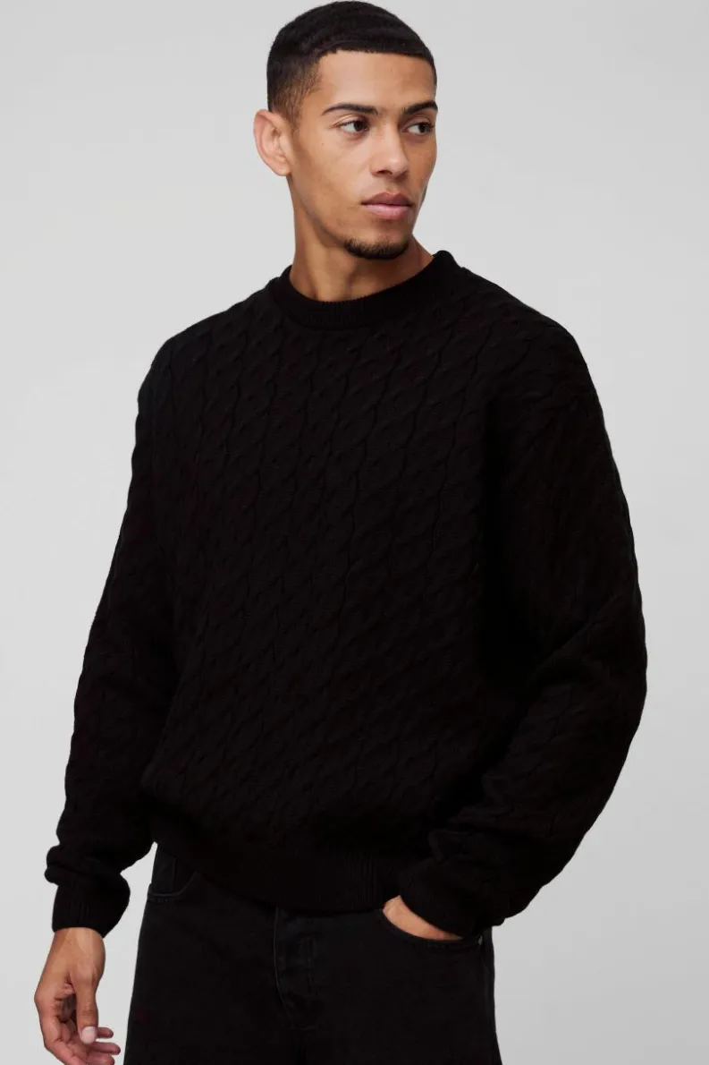 Flash Sale boohooMAN Oversized Boxy Fit Cable Knit Jumper black