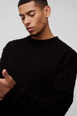 Flash Sale boohooMAN Oversized Boxy Fit Cable Knit Jumper black
