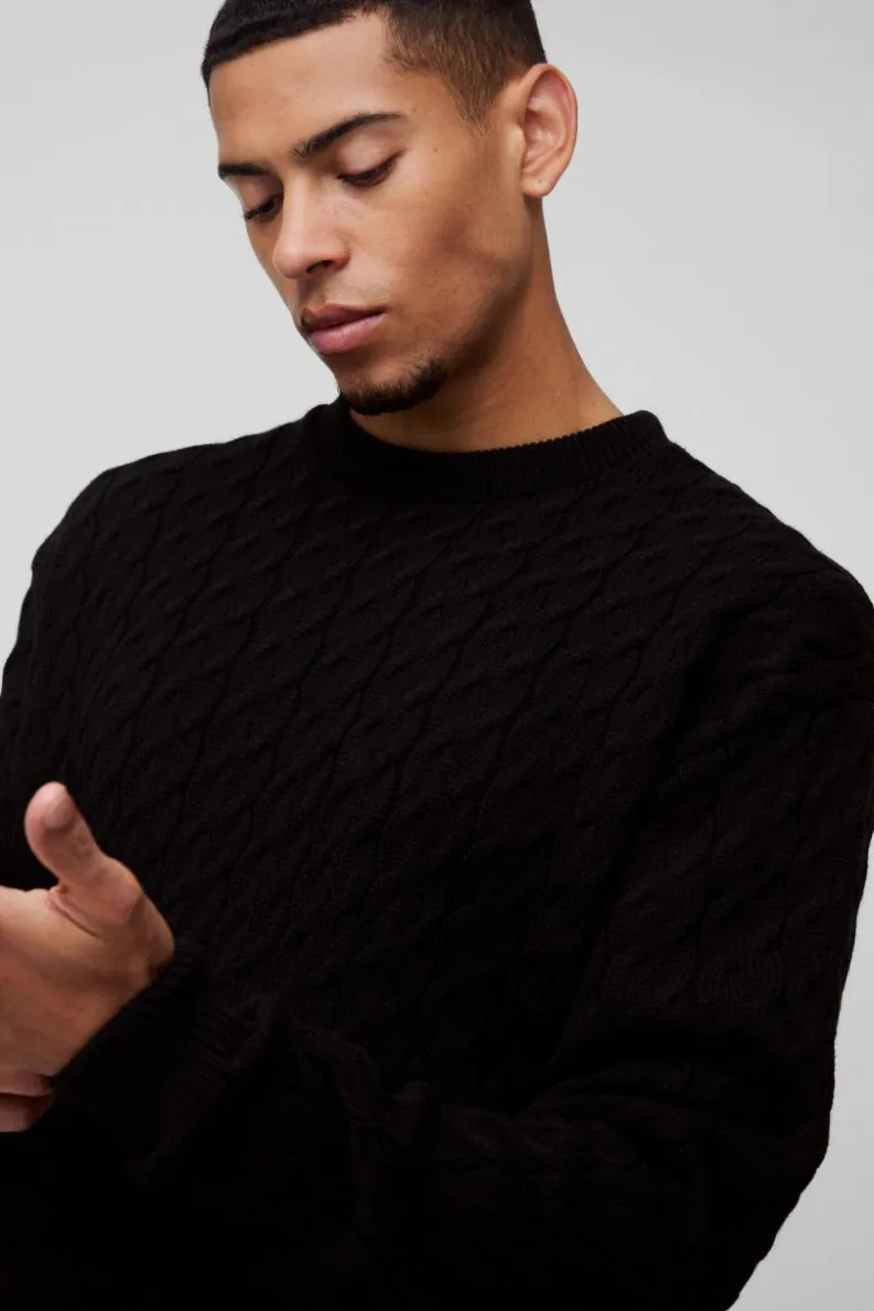 Flash Sale boohooMAN Oversized Boxy Fit Cable Knit Jumper black