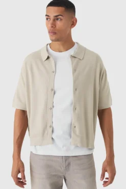 Fashion boohooMAN Oversized Boxy Fit Short Sleeve Knitted Shirt stone