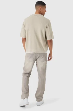 Fashion boohooMAN Oversized Boxy Fit Short Sleeve Knitted Shirt stone