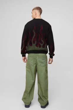 Store boohooMAN Oversized Boxy Flame Textured Knitted Jumper black