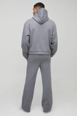 Sale boohooMAN Oversized Boxy Flare Stacked Hooded Tracksuit With Rubber Badge charcoal