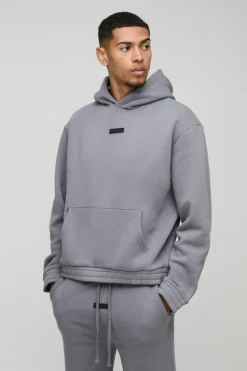 Sale boohooMAN Oversized Boxy Flare Stacked Hooded Tracksuit With Rubber Badge charcoal