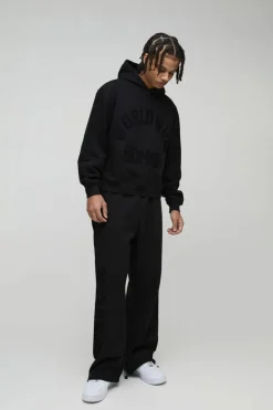 Outlet boohooMAN Oversized Boxy Flock Print Wide Leg Tie Cuff Tracksuit black