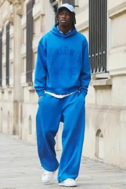 Discount boohooMAN Oversized Boxy Flock Print Wide Leg Tie Cuff Tracksuit cobalt