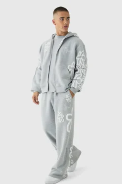 Best Sale boohooMAN Oversized Boxy Floral Puff Print Zip Through Tracksuit grey marl