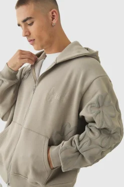 Sale boohooMAN Oversized Boxy Floral Puff Print Zip Through Hoodie taupe