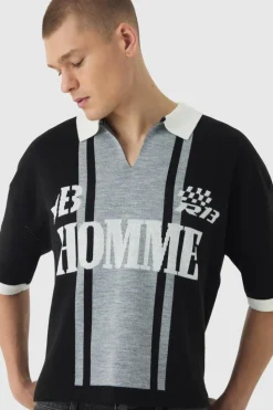 Store boohooMAN Oversized Boxy Football Knitted Polo black