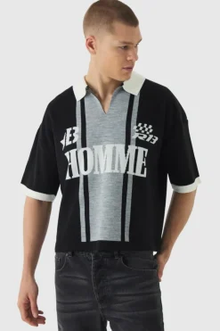 Store boohooMAN Oversized Boxy Football Knitted Polo black