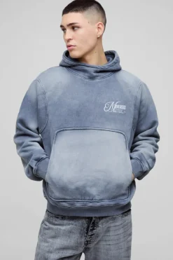 Shop boohooMAN Oversized Boxy Funnel Neck Seam Detail Hoodie charcoal