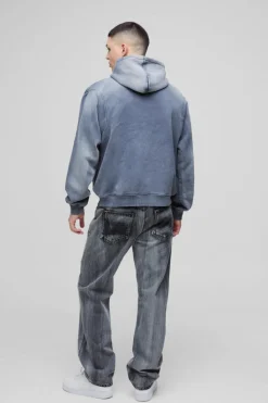Shop boohooMAN Oversized Boxy Funnel Neck Seam Detail Hoodie charcoal