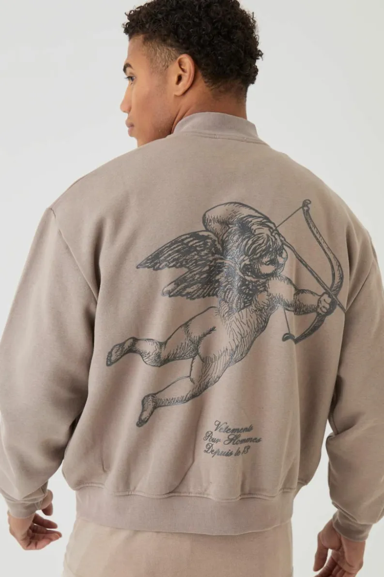 Outlet boohooMAN Oversized Boxy Gloss Print Renaissance Bomber Jacket taupe