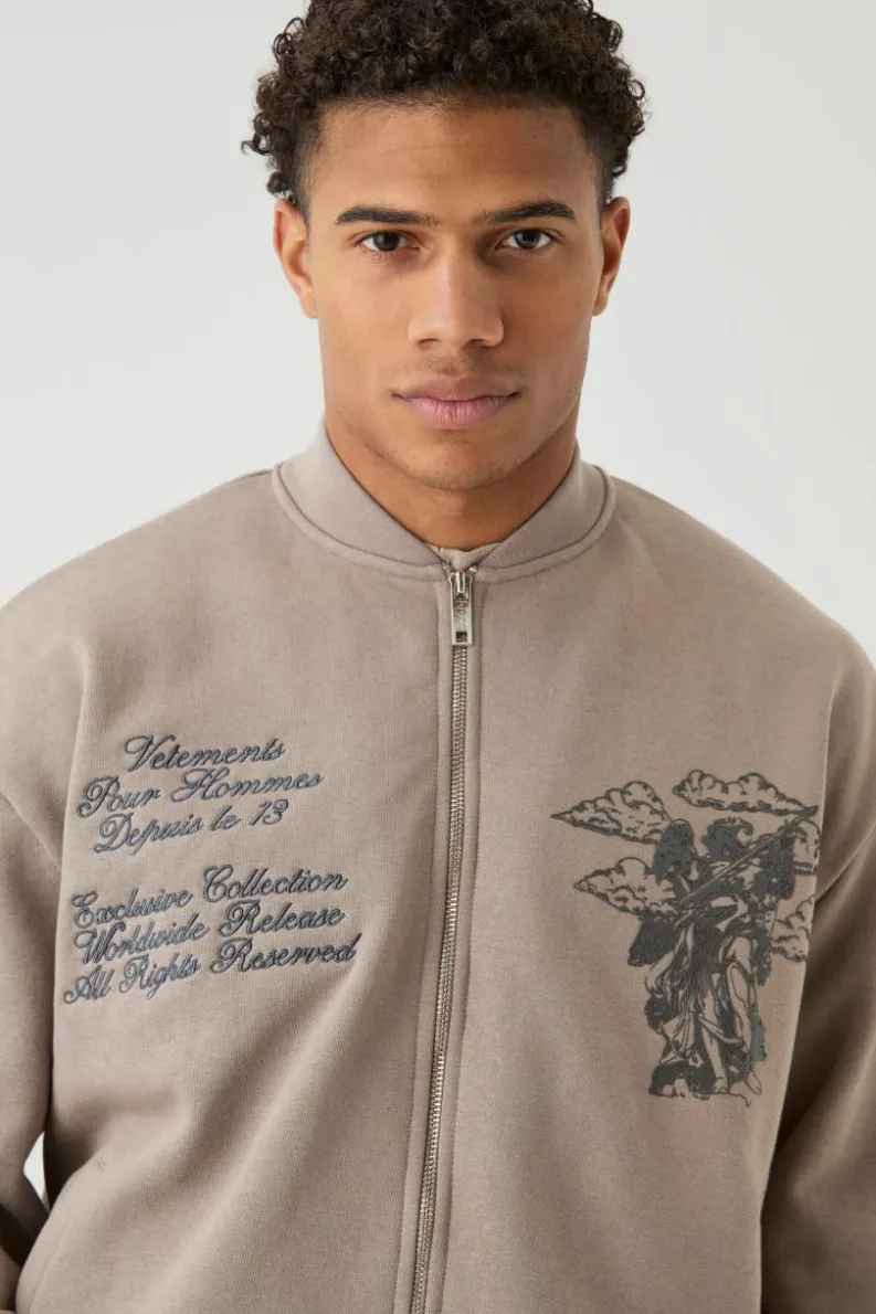 Outlet boohooMAN Oversized Boxy Gloss Print Renaissance Bomber Jacket taupe