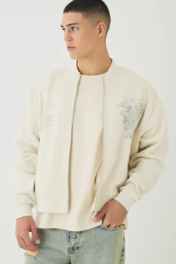 Cheap boohooMAN Oversized Boxy Gloss Print Renaissance Bomber Jacket ecru