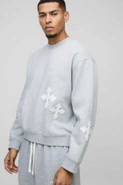 Hot boohooMAN Oversized Boxy Gothic Cross Applique Sweatshirt grey marl