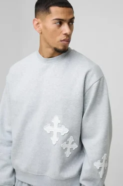 Hot boohooMAN Oversized Boxy Gothic Cross Applique Sweatshirt grey marl