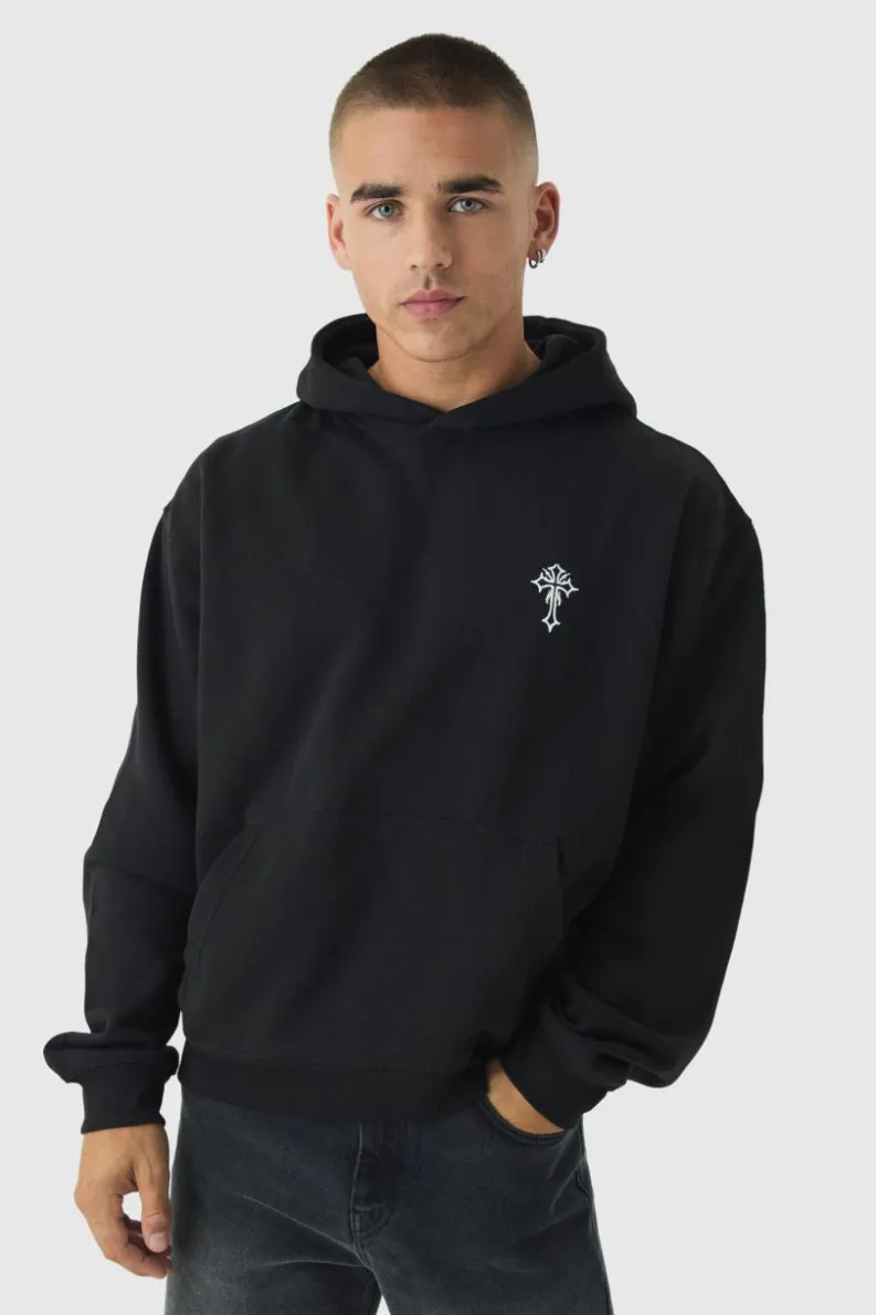 Clearance boohooMAN Oversized Boxy Gothic Cross Embroidery Hoodie black