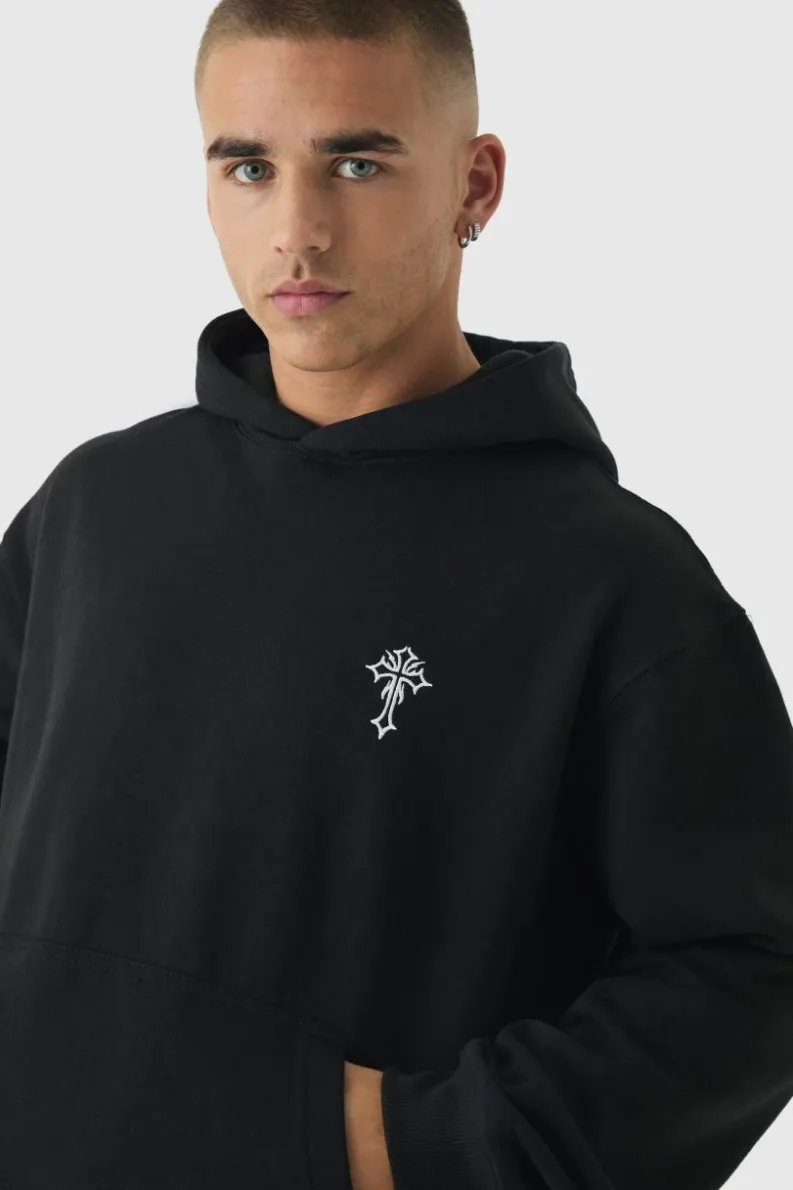 Clearance boohooMAN Oversized Boxy Gothic Cross Embroidery Hoodie black