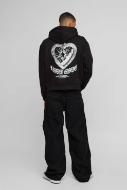 Store boohooMAN Oversized Boxy Gothic Heart Locket Graphic Hoodie black