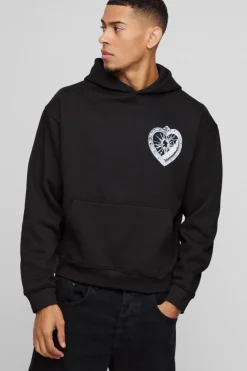 Store boohooMAN Oversized Boxy Gothic Heart Locket Graphic Hoodie black