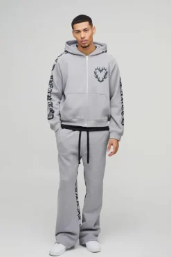 Online boohooMAN Oversized Boxy Gothic Heart Print Zip Through Gusset Hooded Tracksuit grey