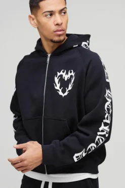 Shop boohooMAN Oversized Boxy Gothic Heart Print Zip Through Raglan Hoodie black
