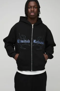 Online boohooMAN Oversized Boxy Gothic Print Curve Seam Zip Through Hoodie black