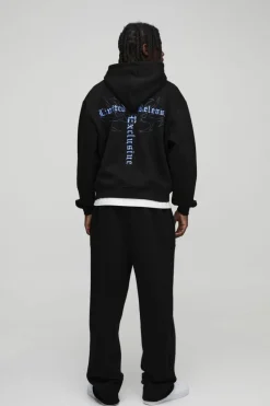 Online boohooMAN Oversized Boxy Gothic Print Curve Seam Zip Through Hoodie black