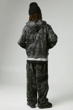 Clearance boohooMAN Oversized Boxy Graffiti Print Zip Through Loopback Hoodie charcoal