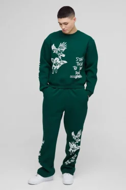 Discount boohooMAN Oversized Boxy Graffiti Slogan Sweatshirt Tracksuit forest