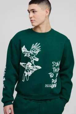 Discount boohooMAN Oversized Boxy Graffiti Slogan Sweatshirt Tracksuit forest