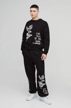 Fashion boohooMAN Oversized Boxy Graffiti Slogan Sweatshirt Tracksuit black