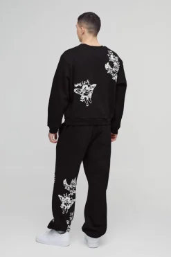 Fashion boohooMAN Oversized Boxy Graffiti Slogan Sweatshirt Tracksuit black