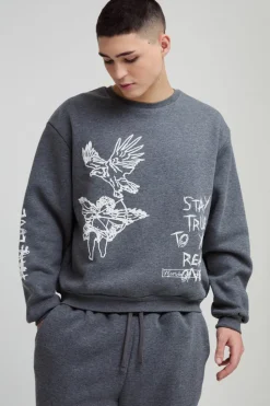Cheap boohooMAN Oversized Boxy Graffiti Slogan Hoodie charcoal