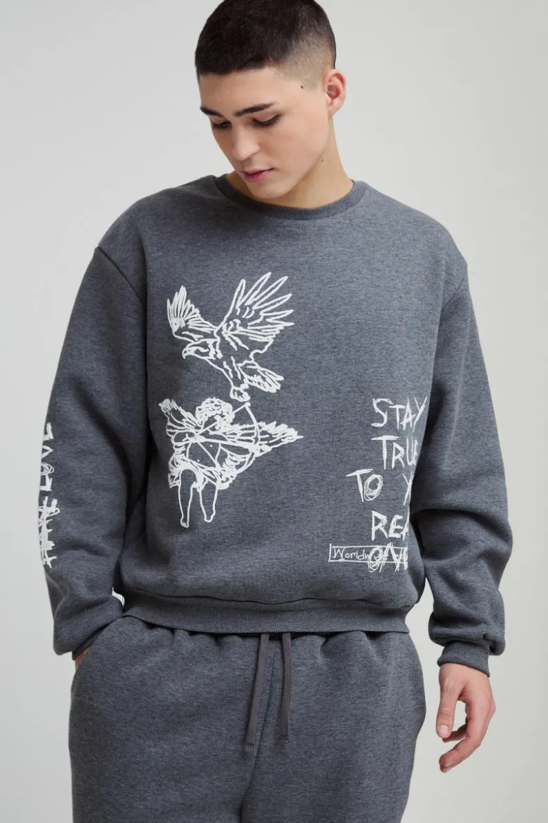 Cheap boohooMAN Oversized Boxy Graffiti Slogan Hoodie charcoal